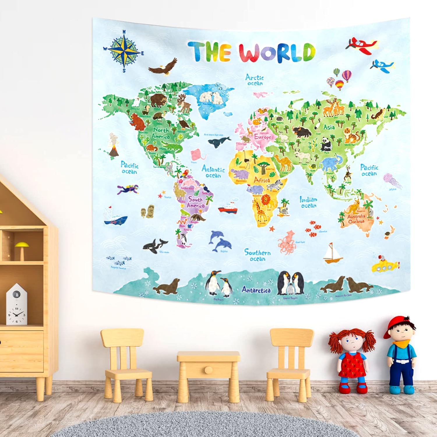 Kids Education Room - Kids World Map Wall Tapestry Educational